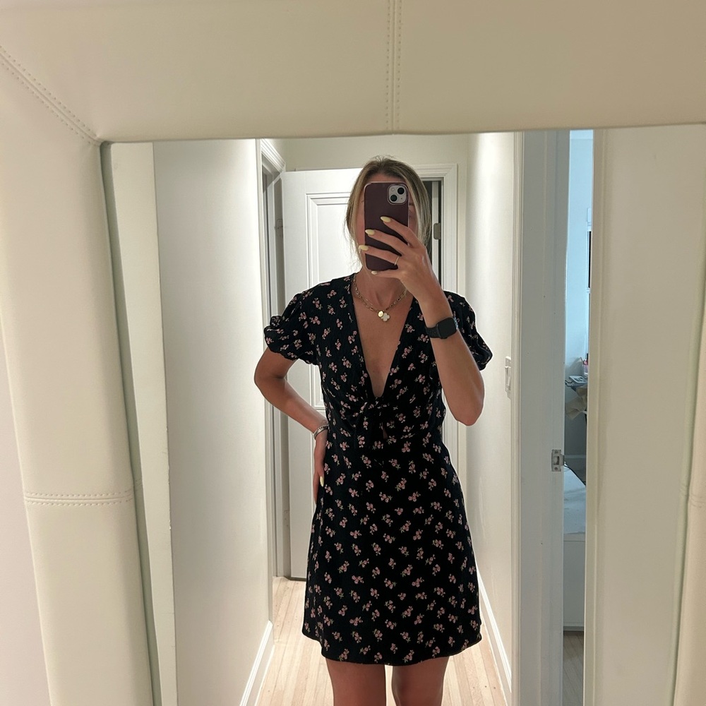 Sandro Black Mini Dress with Pink Floral Pattern